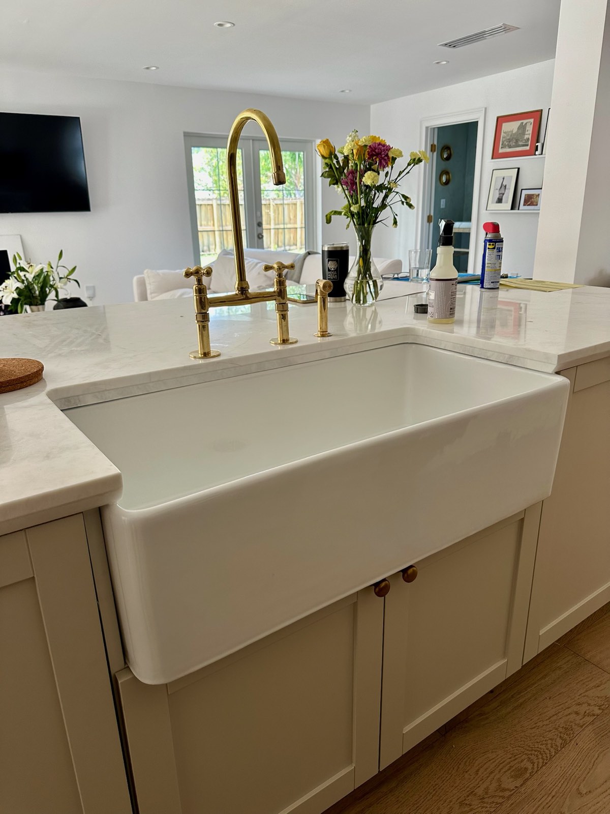 Farmhouse sink and brass bridge faucet